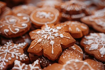 close-up gingerbread cookies are arranged on a table. cookies are shaped like snowflakes and other holiday designs. Icing covers treats