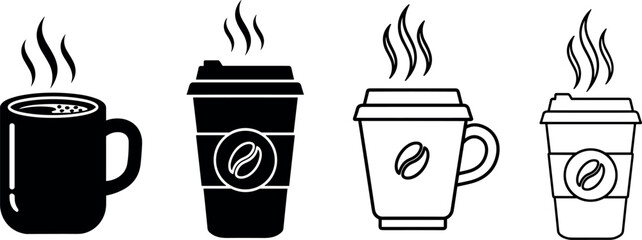 Hot Coffee and Tea Cups Icons Set, Black and White Silhouette Vector Clipart for Cafe Menu, Takeaway Beverage, and Morning Drink Symbols.