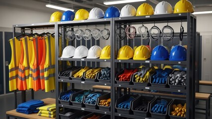 Organized safety gear in workplace storage room with helmets and vests