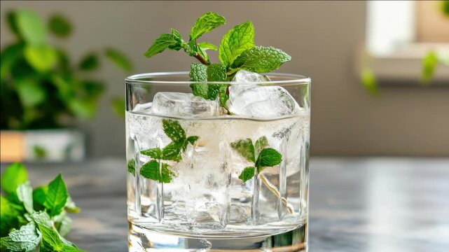 Sweet and cool mint-flavored drink on ice with a sprig of fresh mint.