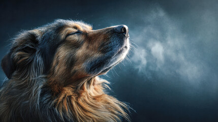 Profile of a serene dog exhaling breath in cold air with eyes closed against a moody dark blue-gray backdrop for peaceful winter ambiance