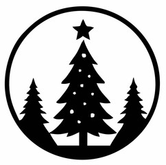 Obraz premium A black and white graphic silhouette of three festive Christmas trees with a star on top, enclosed in a circular frame.