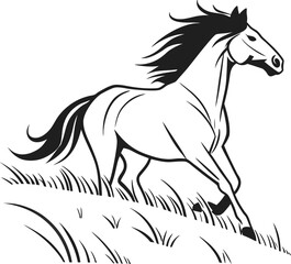 Running Horse in Grass - Black and White Illustration