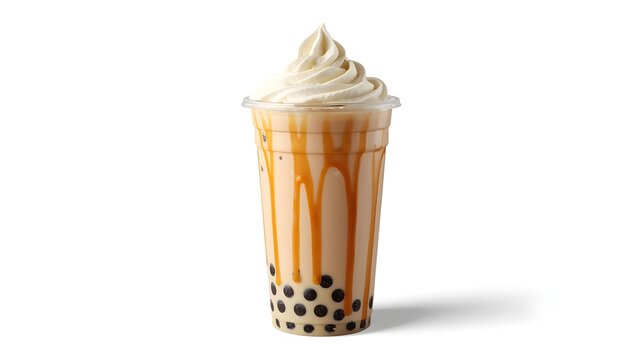 black boba with iced coffee caramel syrup and whiping cream on top
