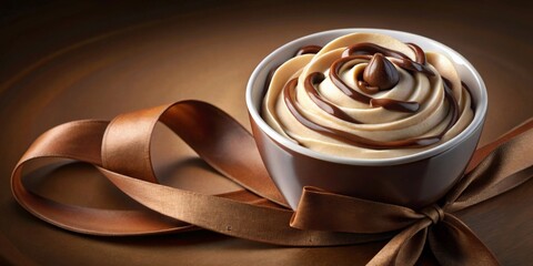 A decadent swirl of creamy confection, elegantly adorned with a rich chocolate topping, presented in a charming cup tied with a graceful brown ribbon, a delightful treat for any occasion
