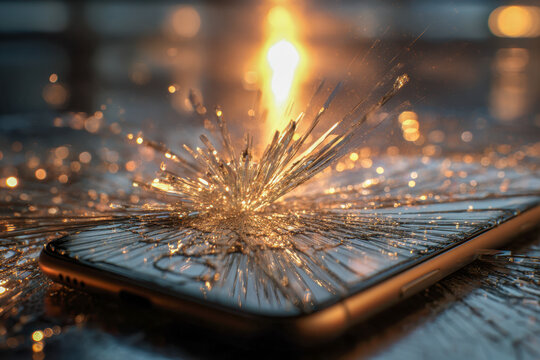 Shattered smartphone screen with dramatic cracked glass explosion effect reflecting warm glowing light creating a striking visual impact on tech damage concepts