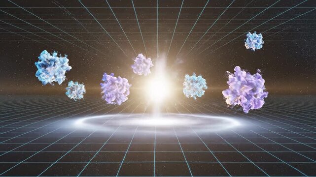 Abstract visualization of quantum probability clouds shimmering and collapsing across a dark digital expanse vfx, science, future