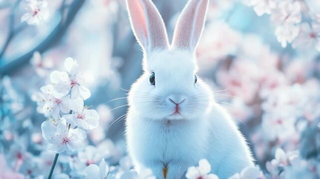 Adorable young rabbit amidst a burst of springtime blossoms, exuding sweet charm and tranquility.