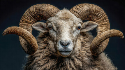 Close-up portrait of a majestic ram with large curved horns and thick woolly fleece against a dark gradient background for wildlife and nature themes