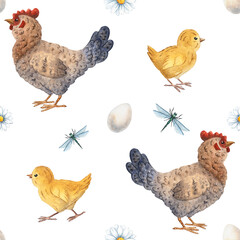 Seamless watercolor pattern with hens, chicks, eggs, dragonflies and daisies, ideal for farm themed designs, textiles, children materials, packaging, rustic decor. Painted with soft natural textures