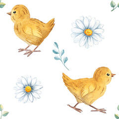 Seamless watercolor pattern featuring chicks, daisies and green leaves, ideal for spring designs, children materials, textiles, packaging, cute farm themed decor. Painted with soft natural textures