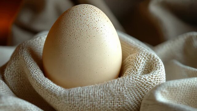 A close-up shot of a speckled egg nestled in a burlap sack, showcasing its natural texture and color.
