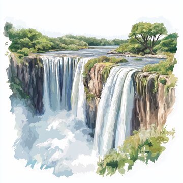 Victoria Falls Zambian side. Victoria Falls Zambian side hand drawn watercolor illustration on white background