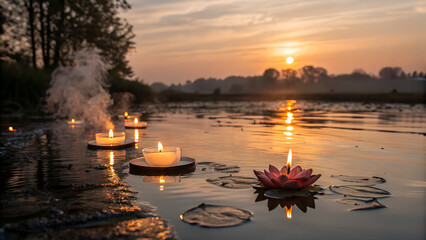 Beautiful sunset reflection on the calm lake water with burning church candles and twilight clouds