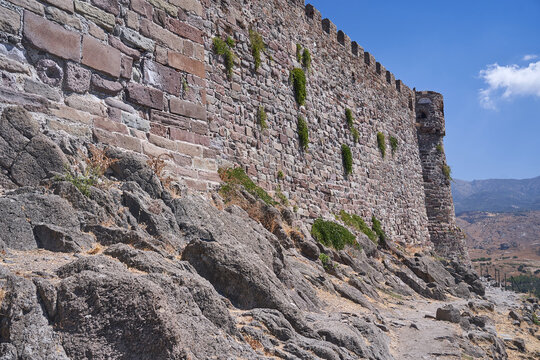 stone walls of the medieval fortress in Molyvos on the island of Lesbos