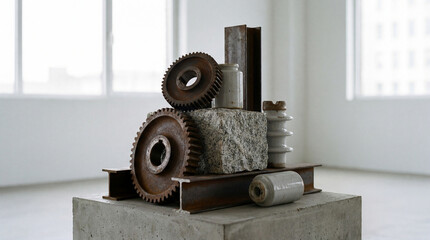 A minimalist artwork arranges rusty gears, granite, and aged insulators on steel beams atop a concrete base. The scene occurs during the day in a brightly lit gallery.