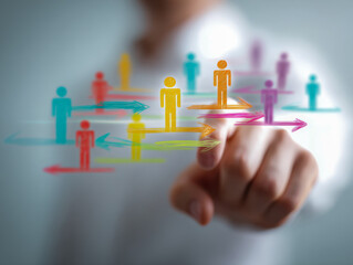 Business professional interacting with digital social network graphics representing teamwork, communication, and organizational connections on transparent screen