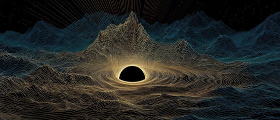 Abstract rendering shows a black hole amidst rippling, mountain-like structures in yellow and blue with radiating light