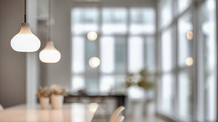 Modern dining area illuminated by sleek hanging pendant lights with large bright windows creating an airy and cozy atmosphere perfect for gatherings or meals