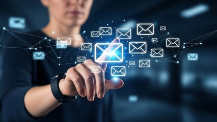 Businessman's finger touching a virtual social media network icon on a digital screen, representing global future business communication