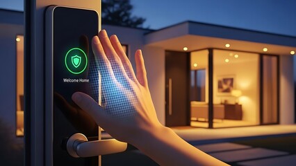 Hand Approaching Smart Lock With Welcome Home Message And Shield Icon home security