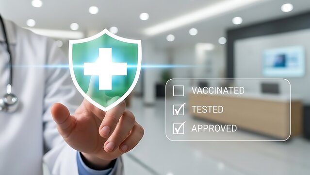 Doctor touching screen with medical shield and vaccination status icons healthcare - Powered by Adobe