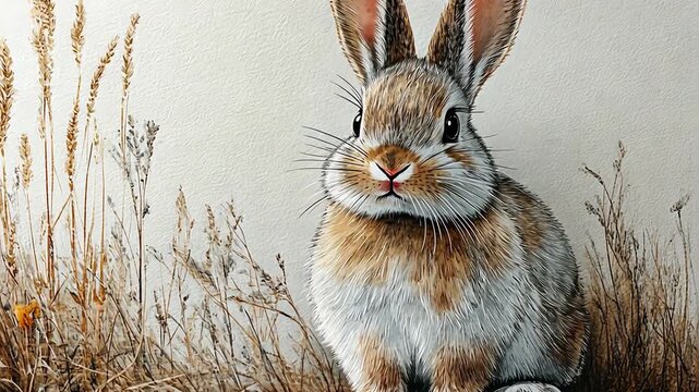 A cute fluffy rabbit sits near wheat grass in a studio shot, creating a heartwarming and serene scene.