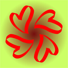 Five vivid red heart-petals swirl around a warm glowing center, forming a playful, energetic symbol of love, motion, unity, and joy.