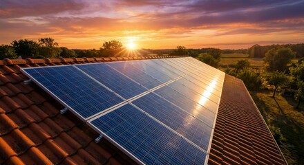 Modern house with blue solar panels under warm sunset, blending sustainability with serene beauty