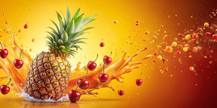 A vibrant pineapple and cherries immersed in a burst of refreshing fruit juice, capturing the essence of a tropical fruit explosion