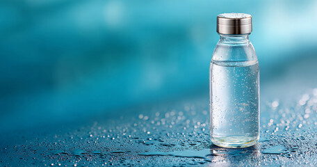 Clear glass bottle filled with sparkling water standing on wet surface with blue blurred background and water droplets