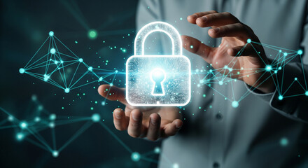 Protecting digital data with a glowing padlock and futuristic network visualization