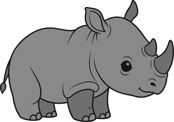 Adorable cartoon rhino standing proudly with its small tail and horns.
