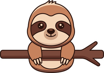 Cute cartoon sloth hanging on a simple tree branch.