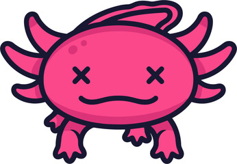Cute Pink Axolotl Cartoon Character with X Eyes.