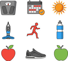Healthy lifestyle elements for fitness and well being including diet and exercise.