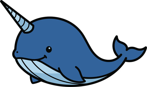 Cute cartoon narwhal swimming with a long spiraled horn and smiling happily.