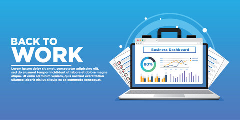 Back to work message Return to Productivity. Productivity Workflow Laptop and Documents Vector illustration