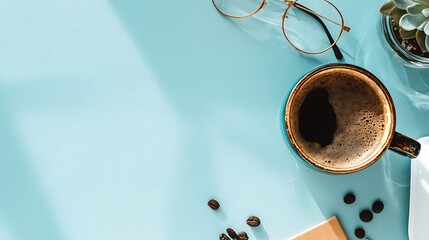 Coffee Cup with Coffee Beans Glasses and Plant on Blue Surface
