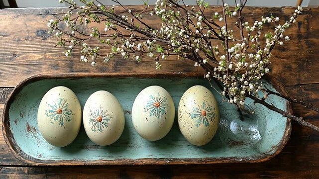 Overhead static shot: Four decorated Easter eggs rest in a rustic wooden tray with spring blossoms. A simple, elegant Easter centerpiece.