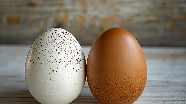 A close-up shot showcases two eggs, one white with speckles and one brown, on a rustic wooden surface.