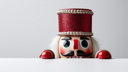 Fototapeta premium photo of an adorable nutcracker peeking over the edge, in a cute pose, on a solid white background, flat lay photography.