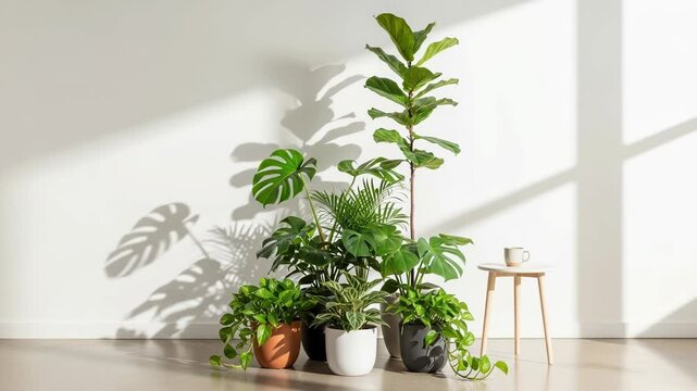 A collection of various lush green houseplants in modern pots arranged near a white wall with dramatic sunlight and shadow patterns, 4k video