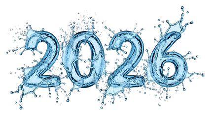 Year 2026 made of water splashes and liquid droplets