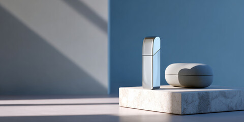 Minimalist composition featuring a sleek metallic lighter and a rounded case on a stone pedestal with soft natural light and blue-gray background