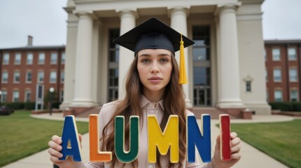Alumni Pride with Graduation Cap. ALUMNI sign in front of an academic building 
