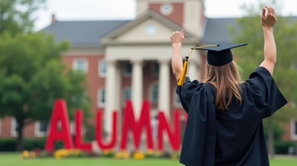 Alumni Pride with Graduation Cap. ALUMNI sign in front of an academic building 
