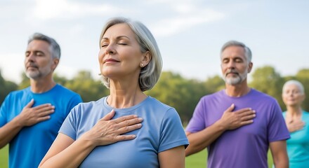 Diverse senior adults meditating outdoors, finding inner peace and well-being through mindful breathing, promoting a healthy, balanced, and calm lifestyle