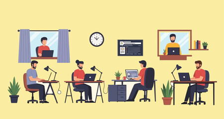 Dedicated team collaborating remotely and in office environments utilizing laptops for modern digital workflow success