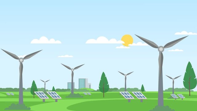 Sustainable Energy Scene With Wind Turbines And Solar Panels In Green Landscape